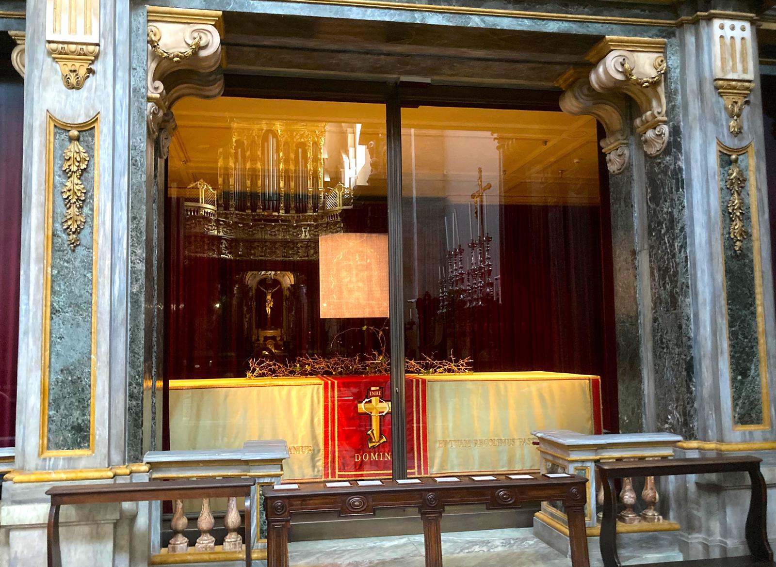 Closup of Holy Shroud behing glass